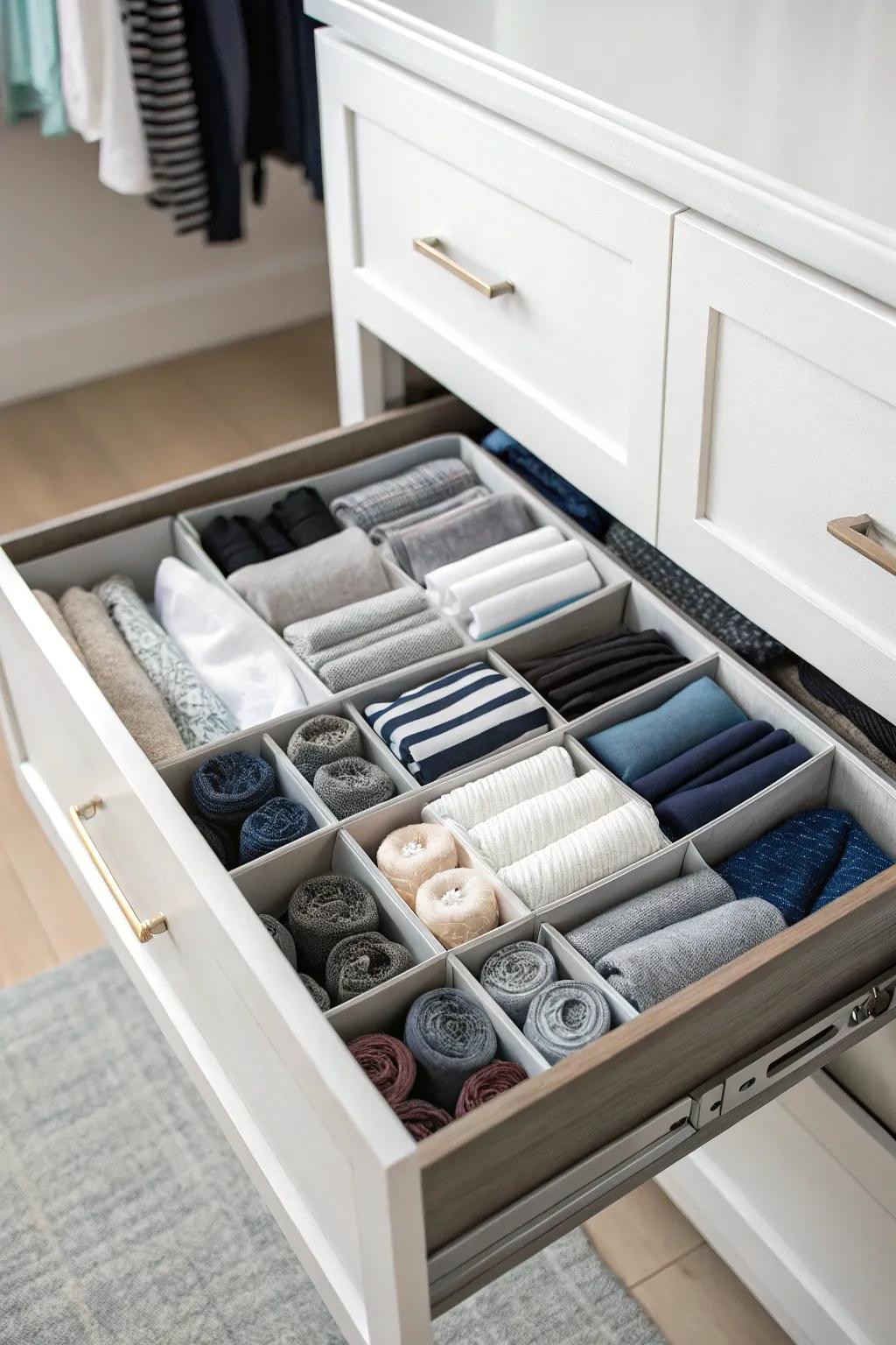 Drawer separators maintain perfect organization of small items.