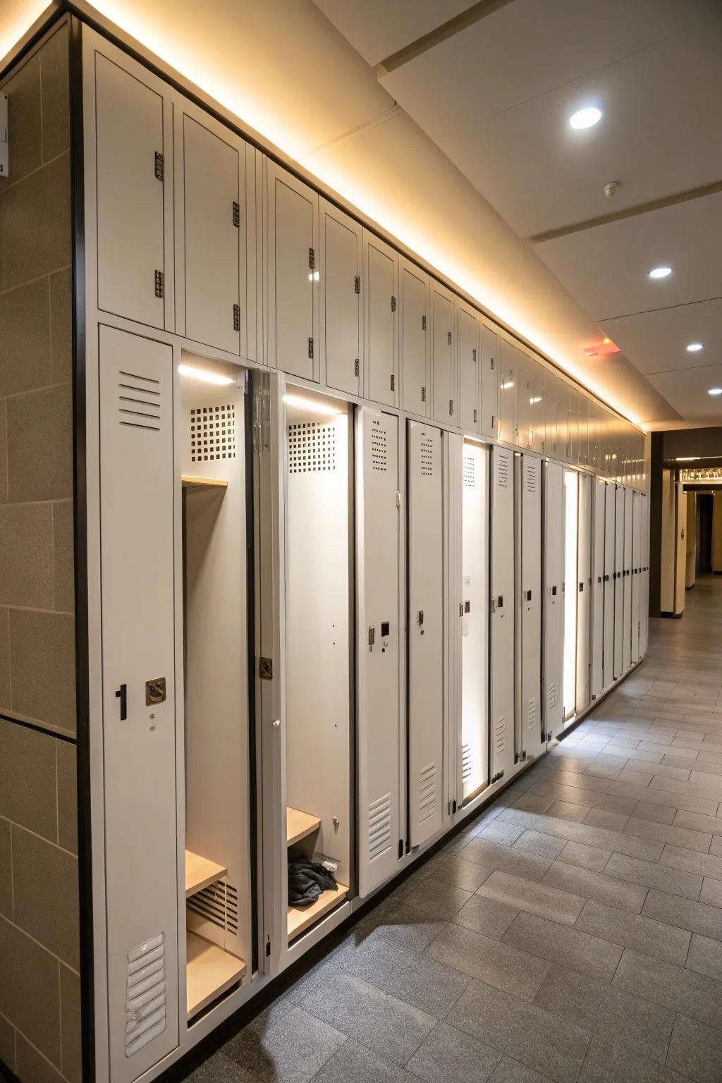 Integrated illumination elevates integrated lockers.
