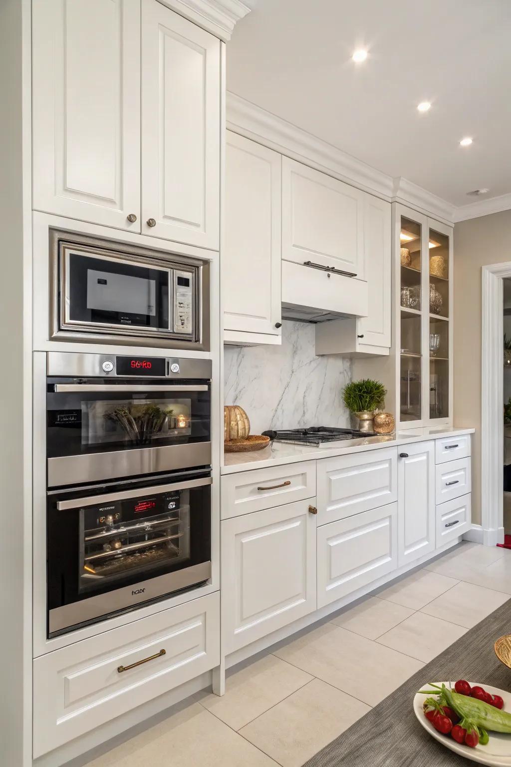 An organized appliance wall featuring a wave oven and primary oven.
