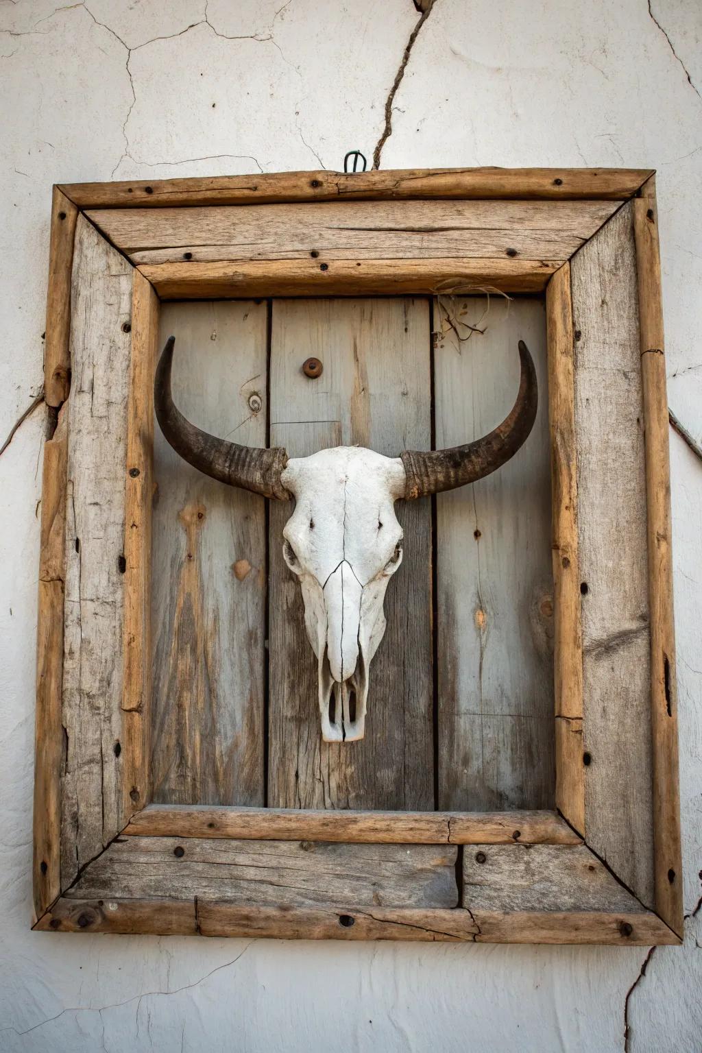 Rugged beauty with a framed cow skull.