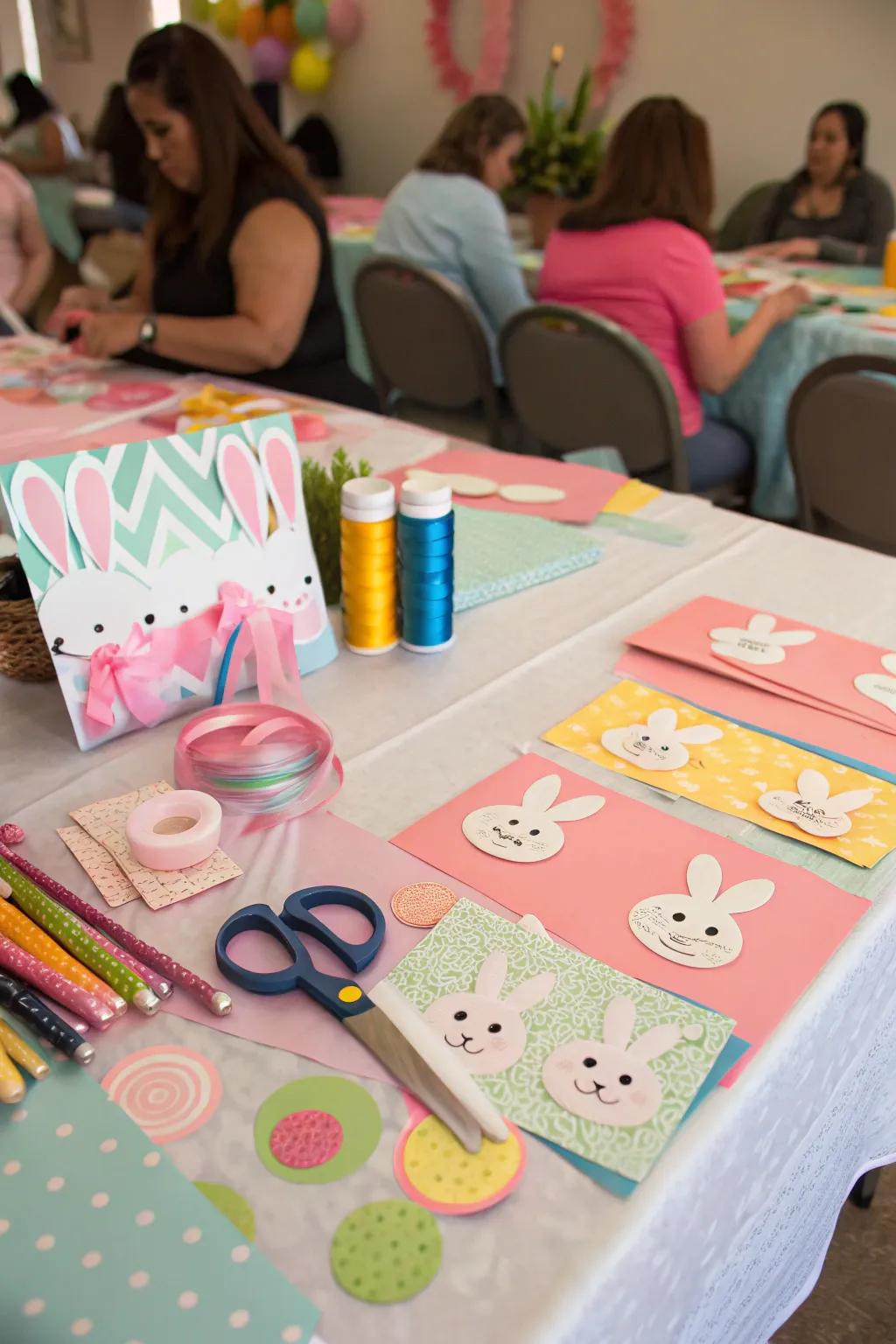 A creative design your own craft spot for guests to make rabbit-themed crafts.