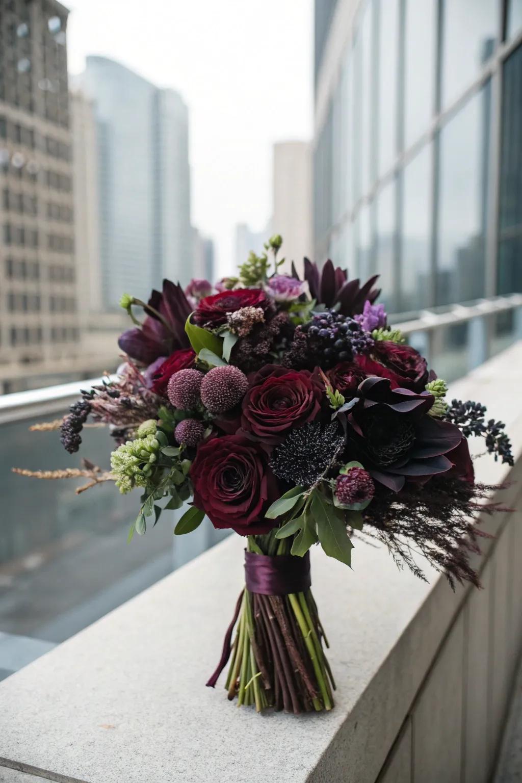 Dramatic bouquet featuring deep red, purple, and black flowers.