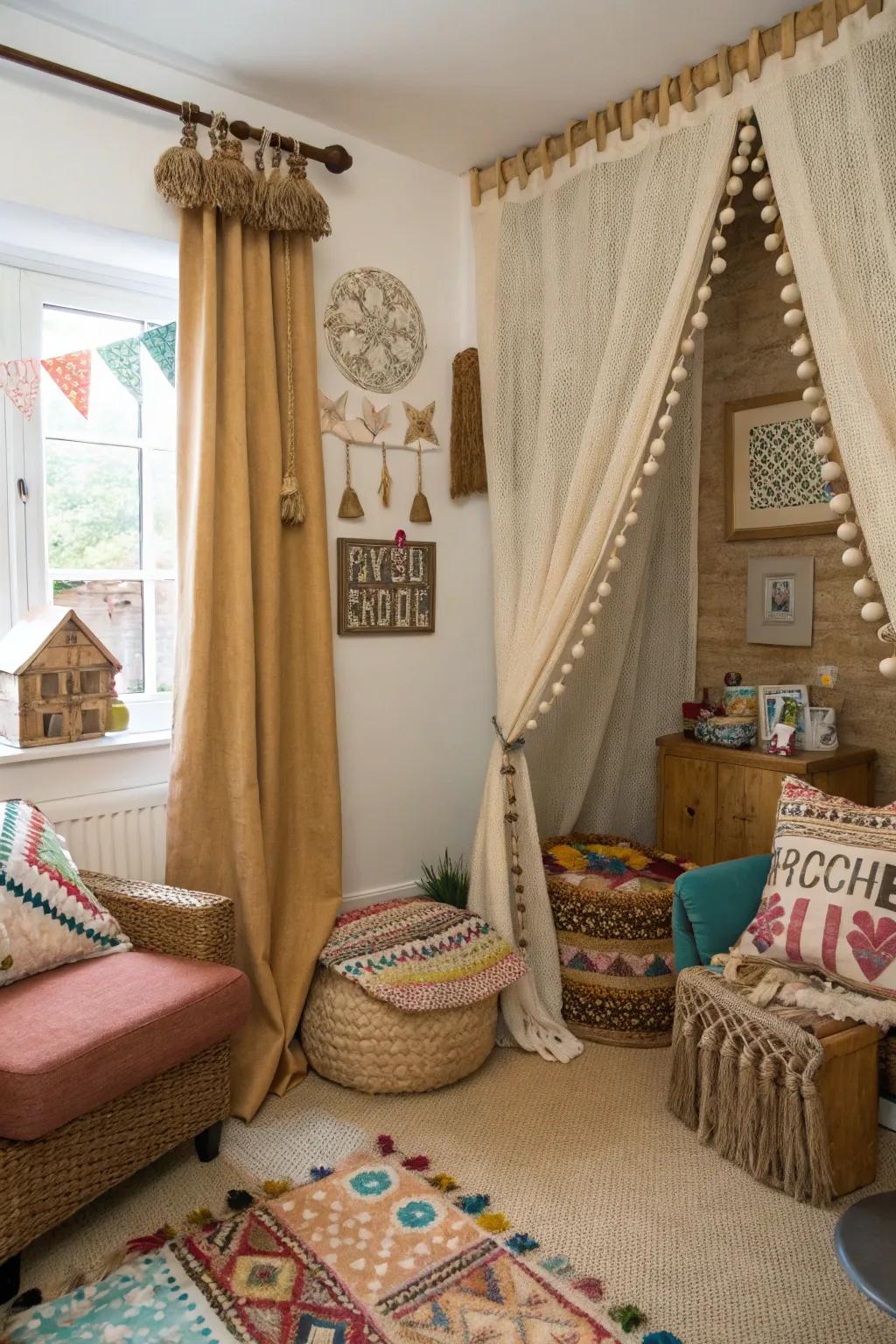 Bohemian vibe featuring tassel-trimmed hessian drapes.