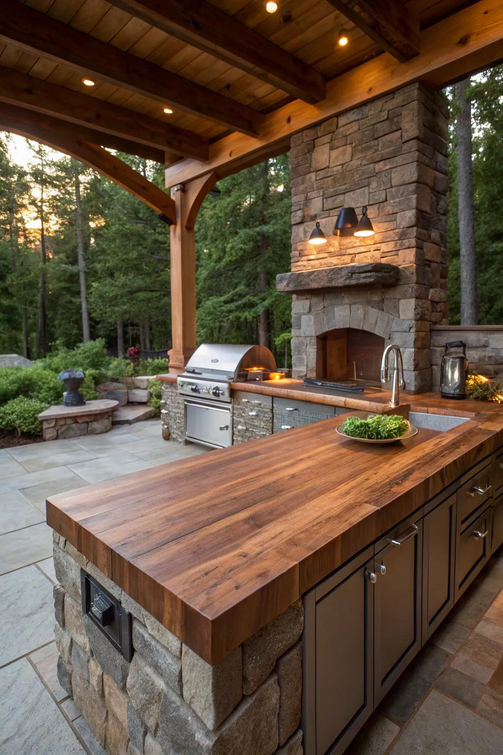 Establish a fluid indoor-outdoor transition with timber block in your outdoor kitchen. #OutdoorLiving #GardenDesign #TimberBlock