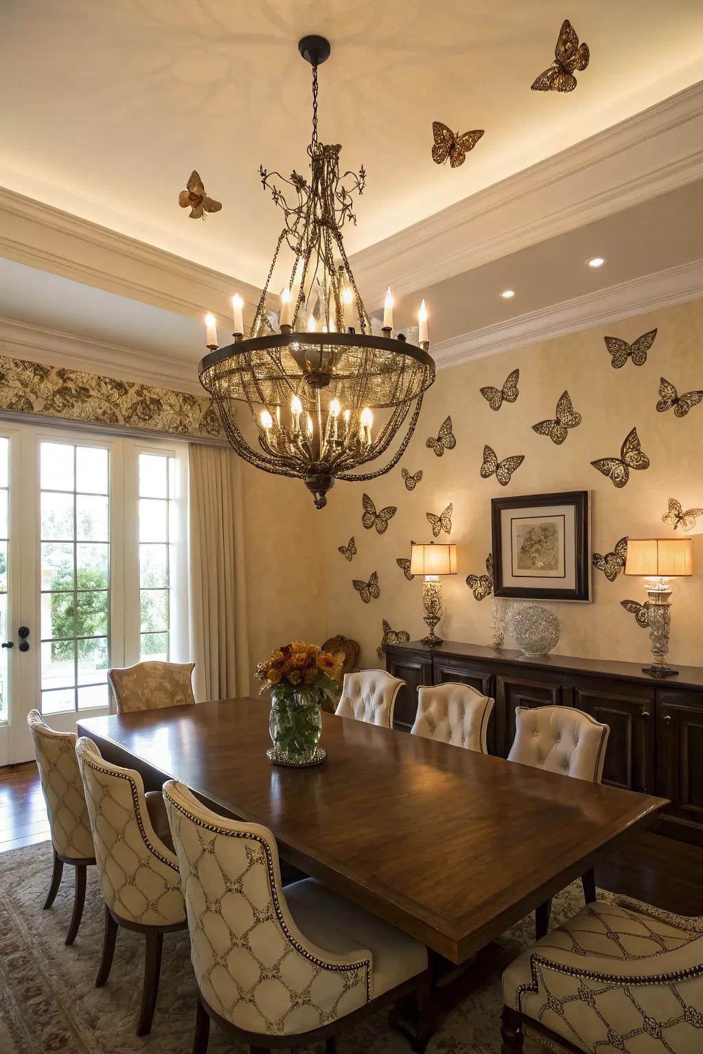 A butterfly suspended light fixture makes a striking focal point.
