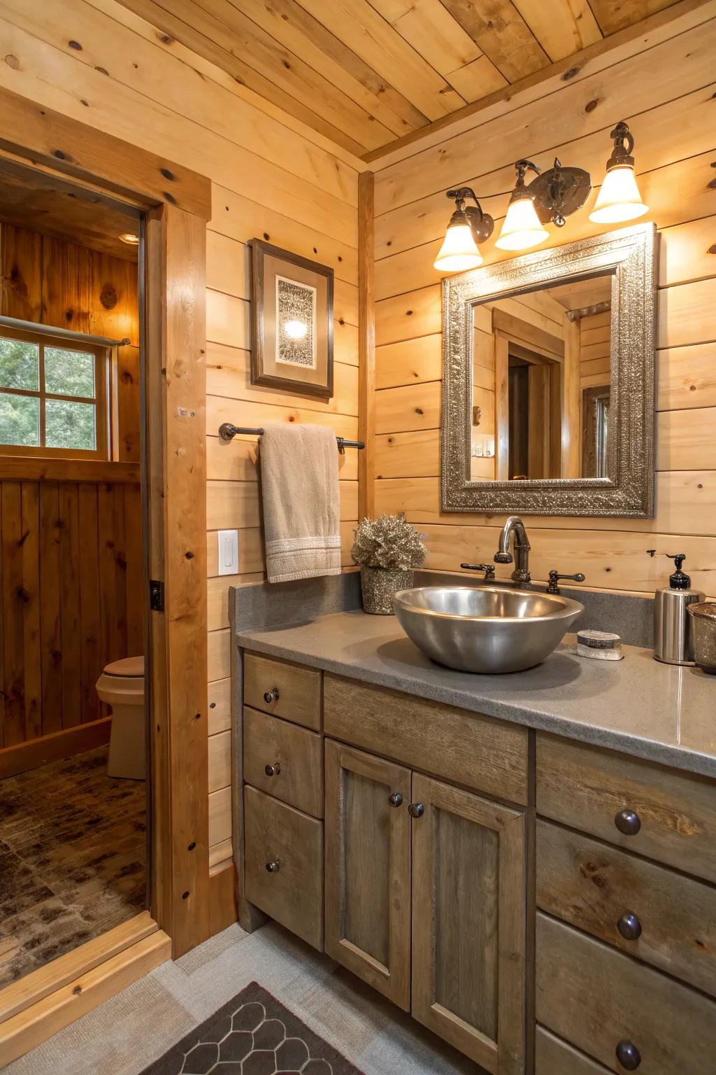 A cabin bathroom with metallic flea market finds for a hint of sheen.