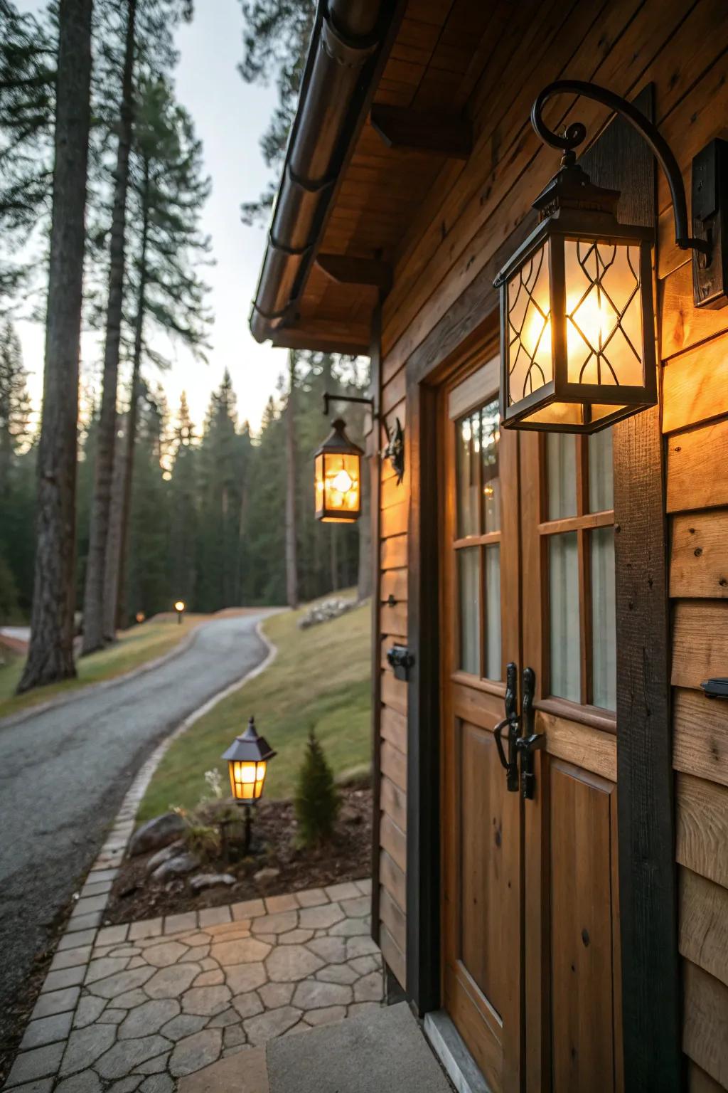 Outside lights adding a welcoming touch to a cabin entrance.