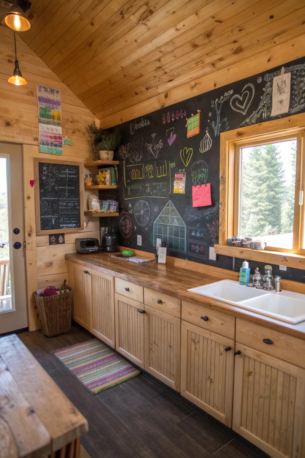 An interactive chalkboard wall within a family kindred culinary space.