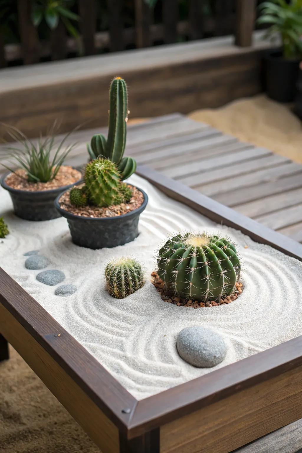 A zen garden with cacti provides a relaxing and serene centerpiece.