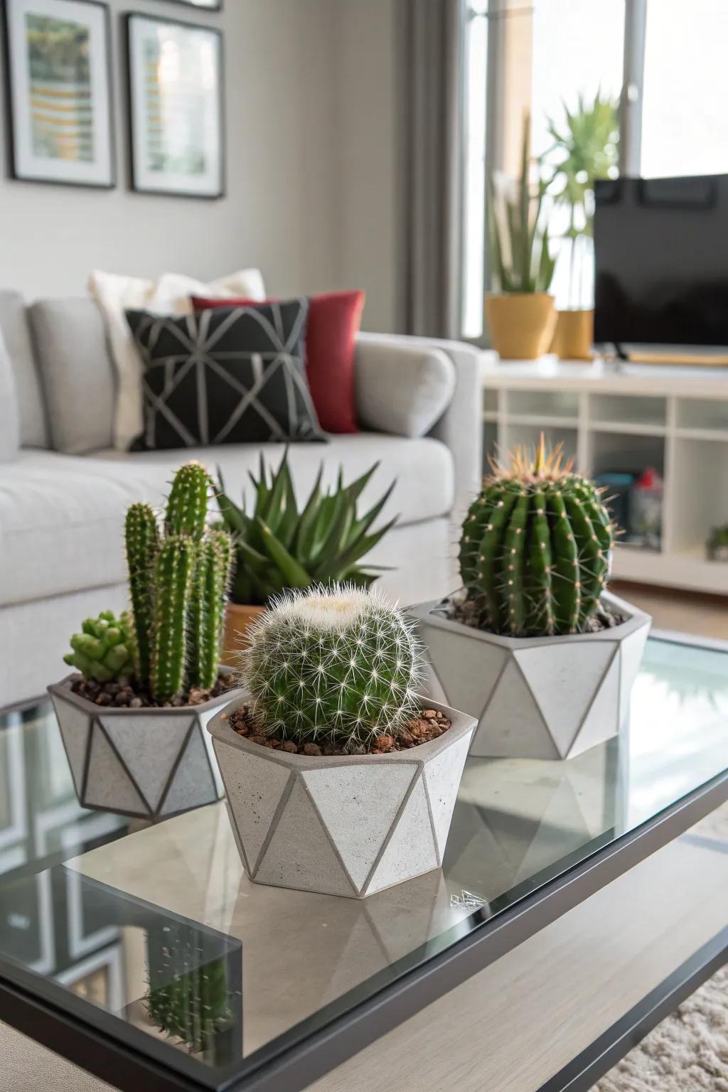 Geometric pots provide a modern style to the cacti arrangement.