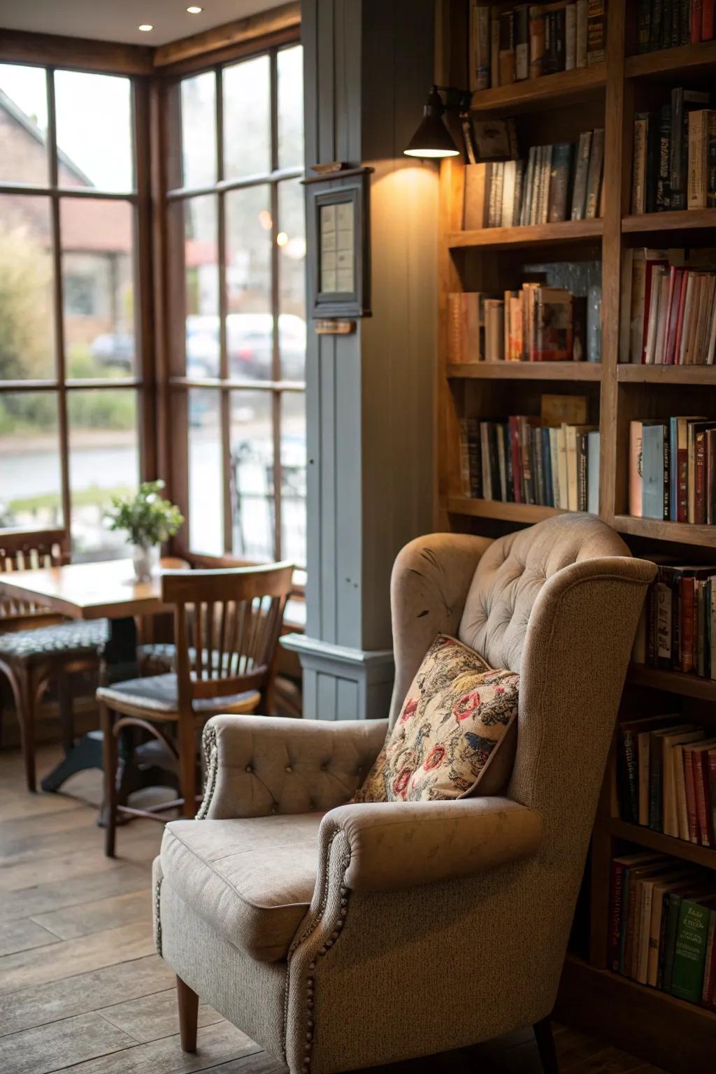 A perusing corner delivers a serene retreat in your home cafe.