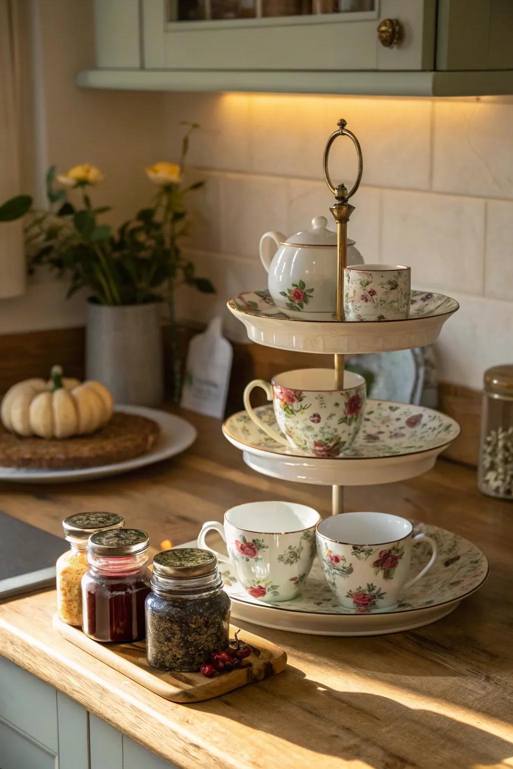For entertaining, a lovely tea station on a cake stand is ideal.