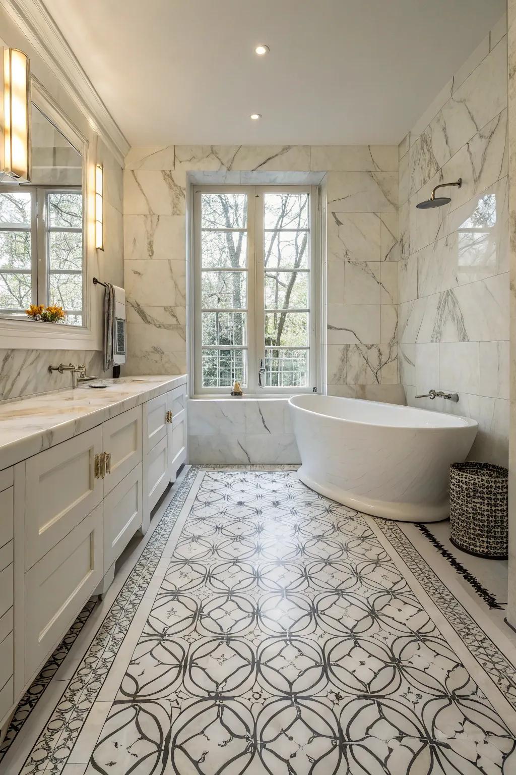 A bathroom exhibiting the elaborate detail of Luminous Stone tessellation.