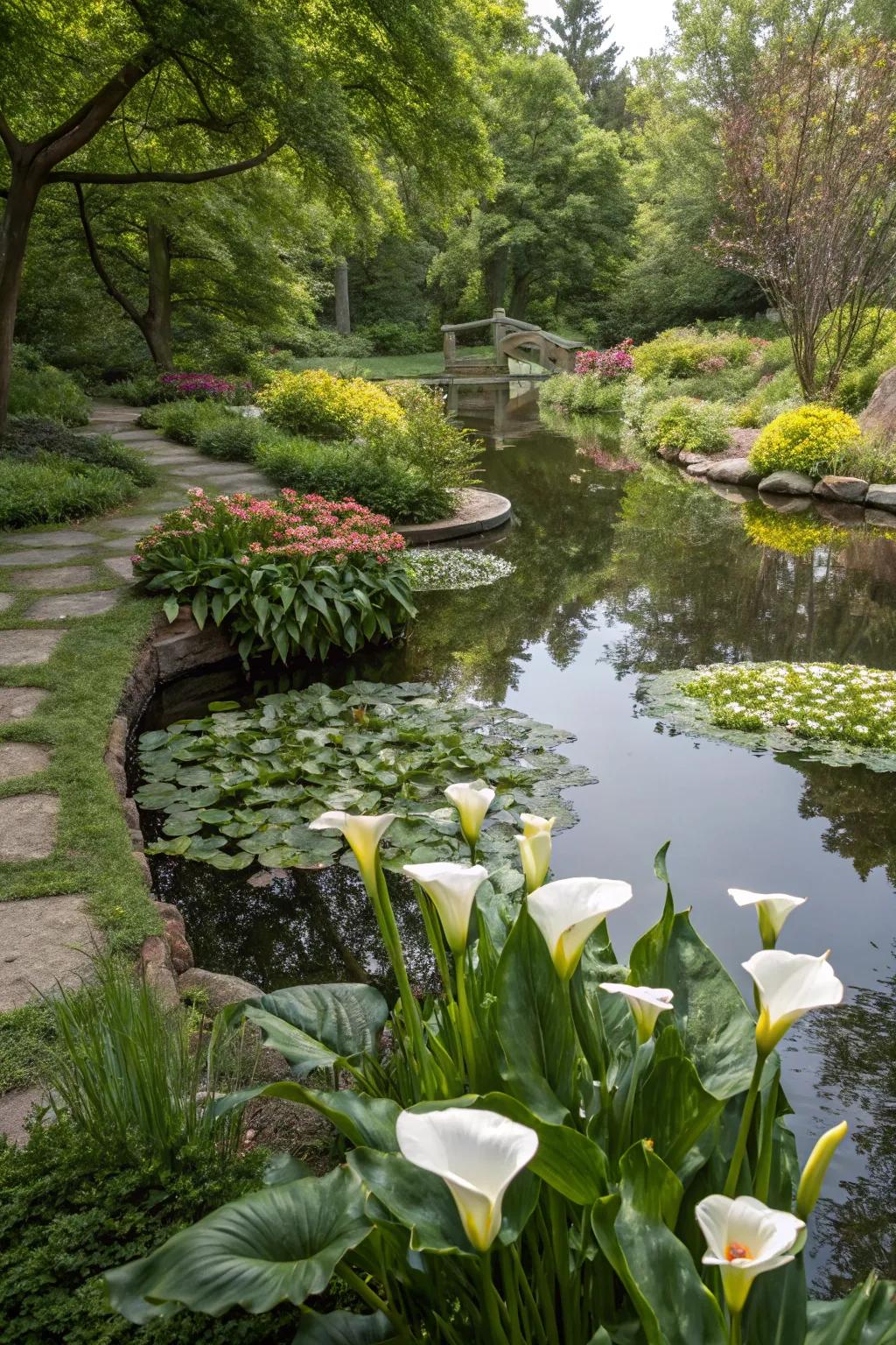 Calla lilies creating a serene water garden retreat.