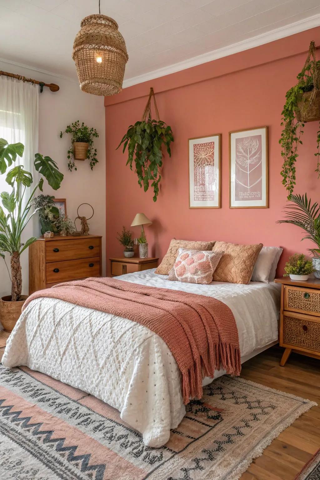 Light coral walls offer gentle warmth and harmony.