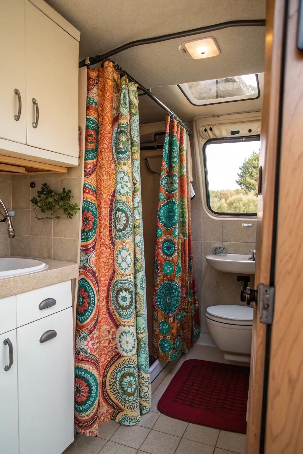 A vibrant and patterned shower drape in a camper van bathroom.