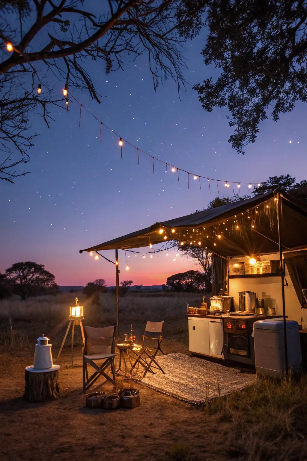 Establish a warm ambiance using solar lights and fairy lights.