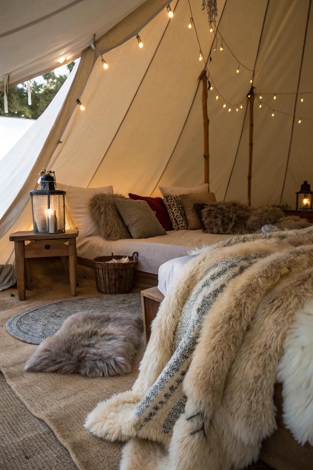 Enhance your tent with the cozy elegance of faux fur throws.