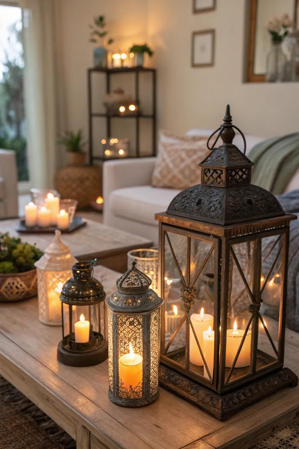 Lanterns filled with lights introduce a comfortable accent to any setting.