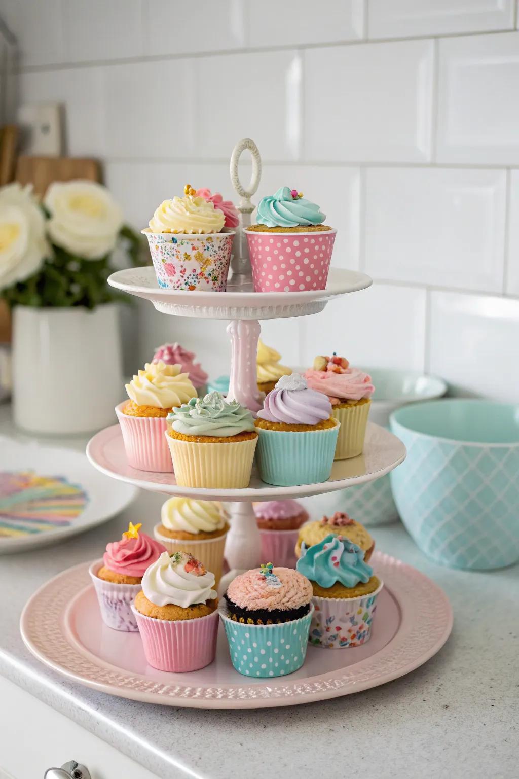 A homemade cupcake stand brings charm and function.
