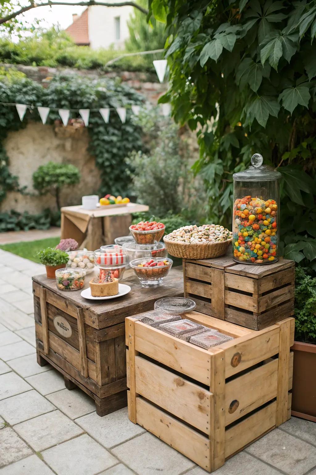 Rustic elegance with wooden elements in a candy display.