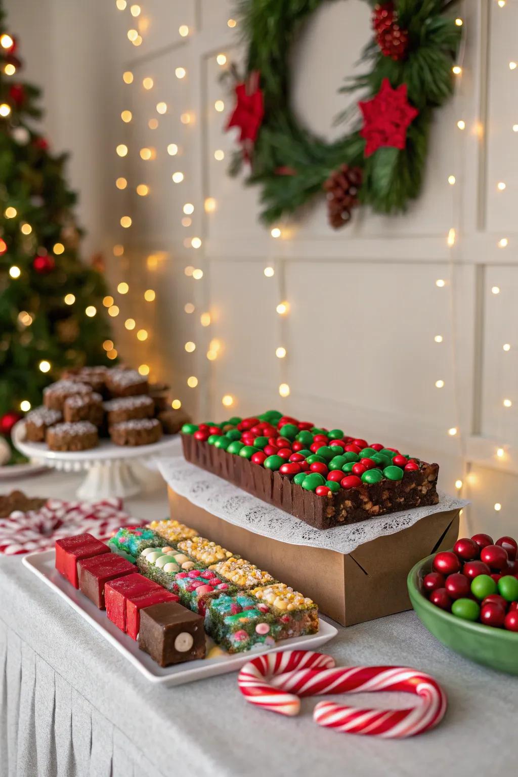 Festive holiday candy area featuring colorful treats and seasonal charm.