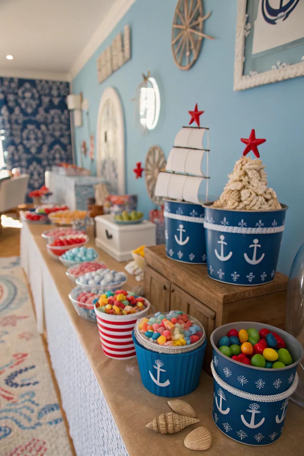Nautical pails enhancing the theme of the candy table