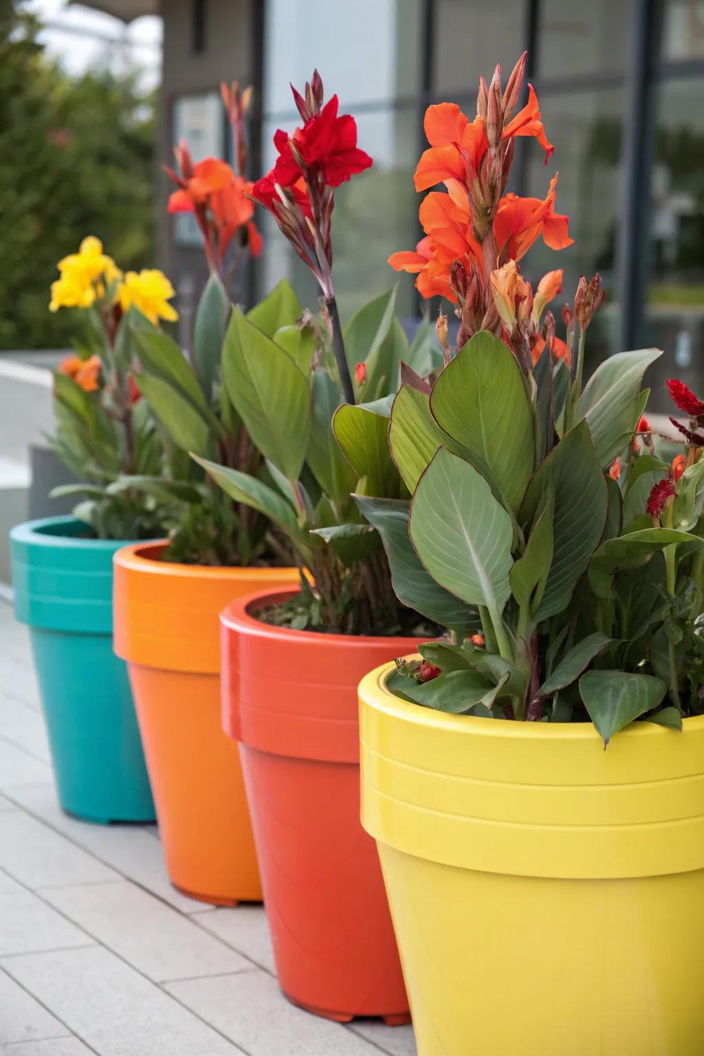 Pinta lilies in color-blocked containers to add a playful charm to the garden.