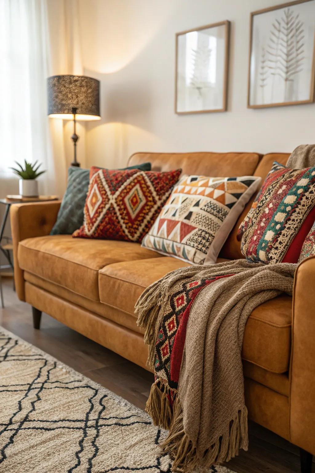 Daring motifs impart dynamic intrigue to a tawny sofa room.