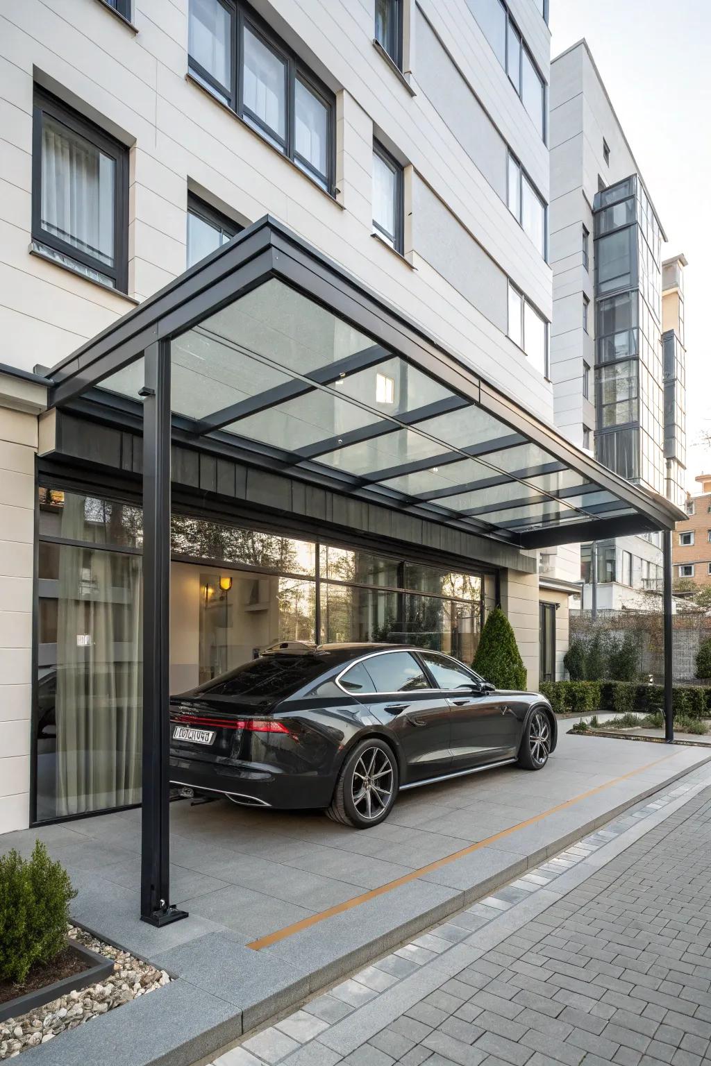 A chic urban carport blending into the cityscape.
