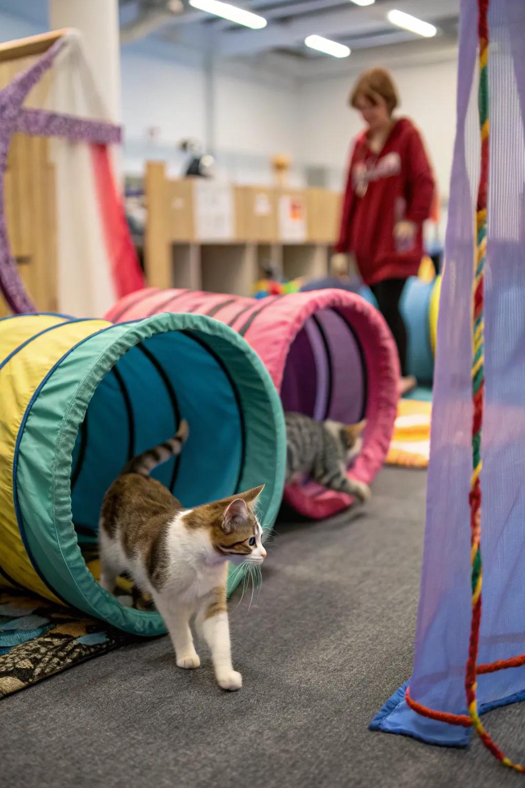 Material walls transform roadblocks into a stylish and functional cat space.