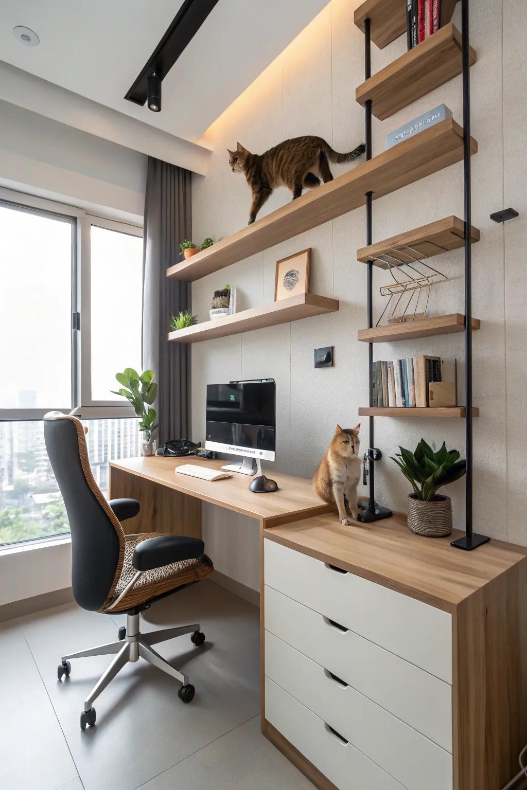 Floating shelves provide vertical adventure without taking up floor space.