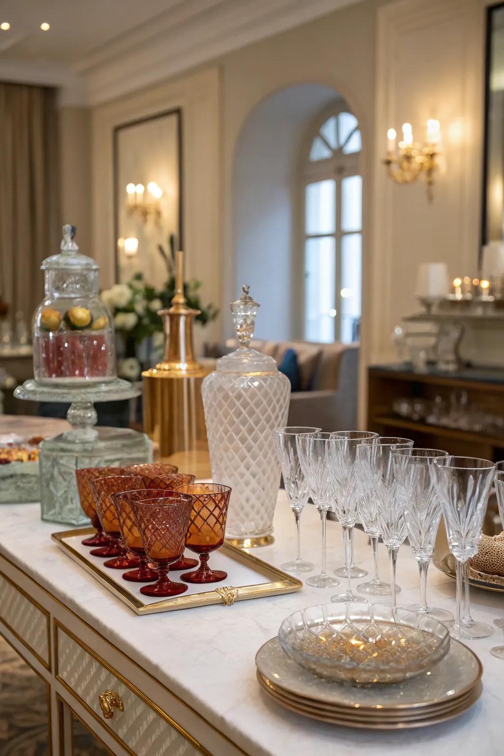 A mix of glassware styles adds elegance and interest.
