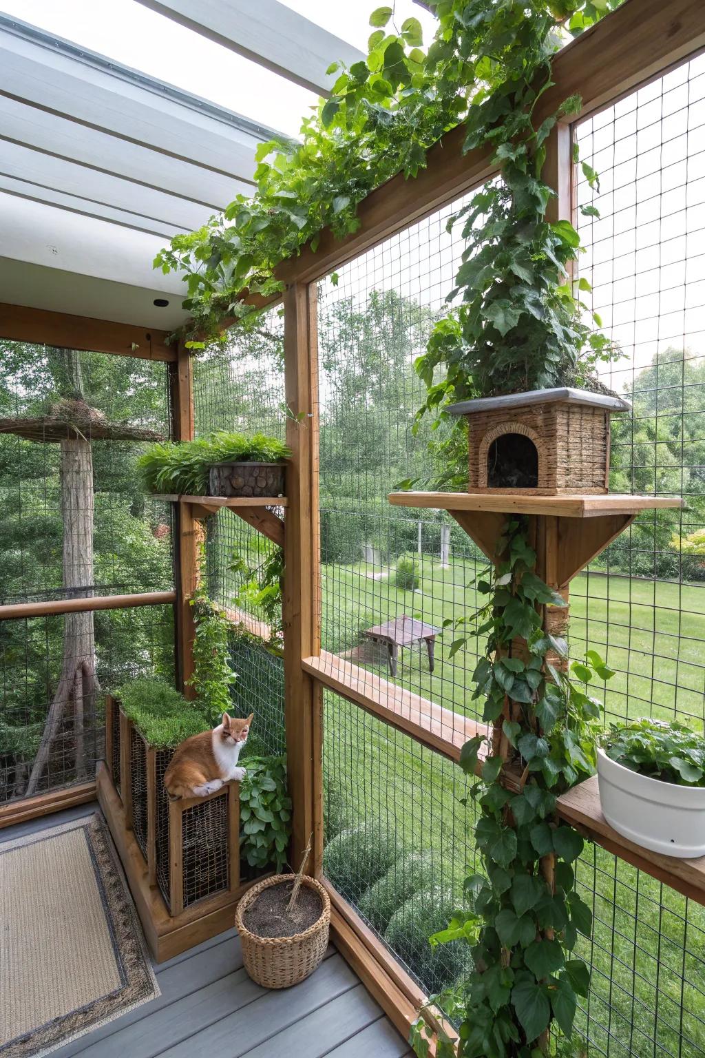 Vantage decks in a catio, ideal for inquisitive cats to watch the world go by.
