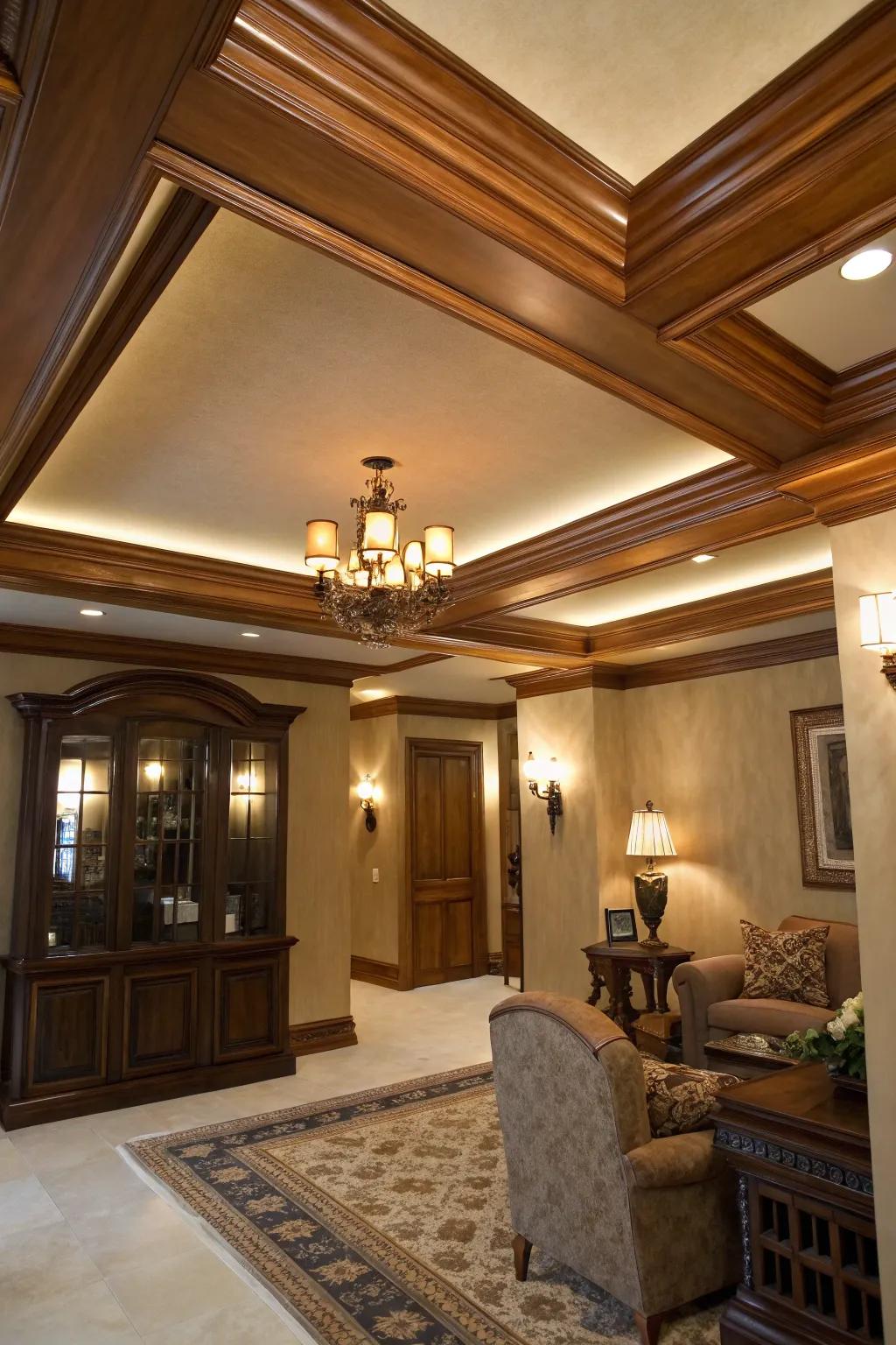 Rich details with stained wood crown molding.