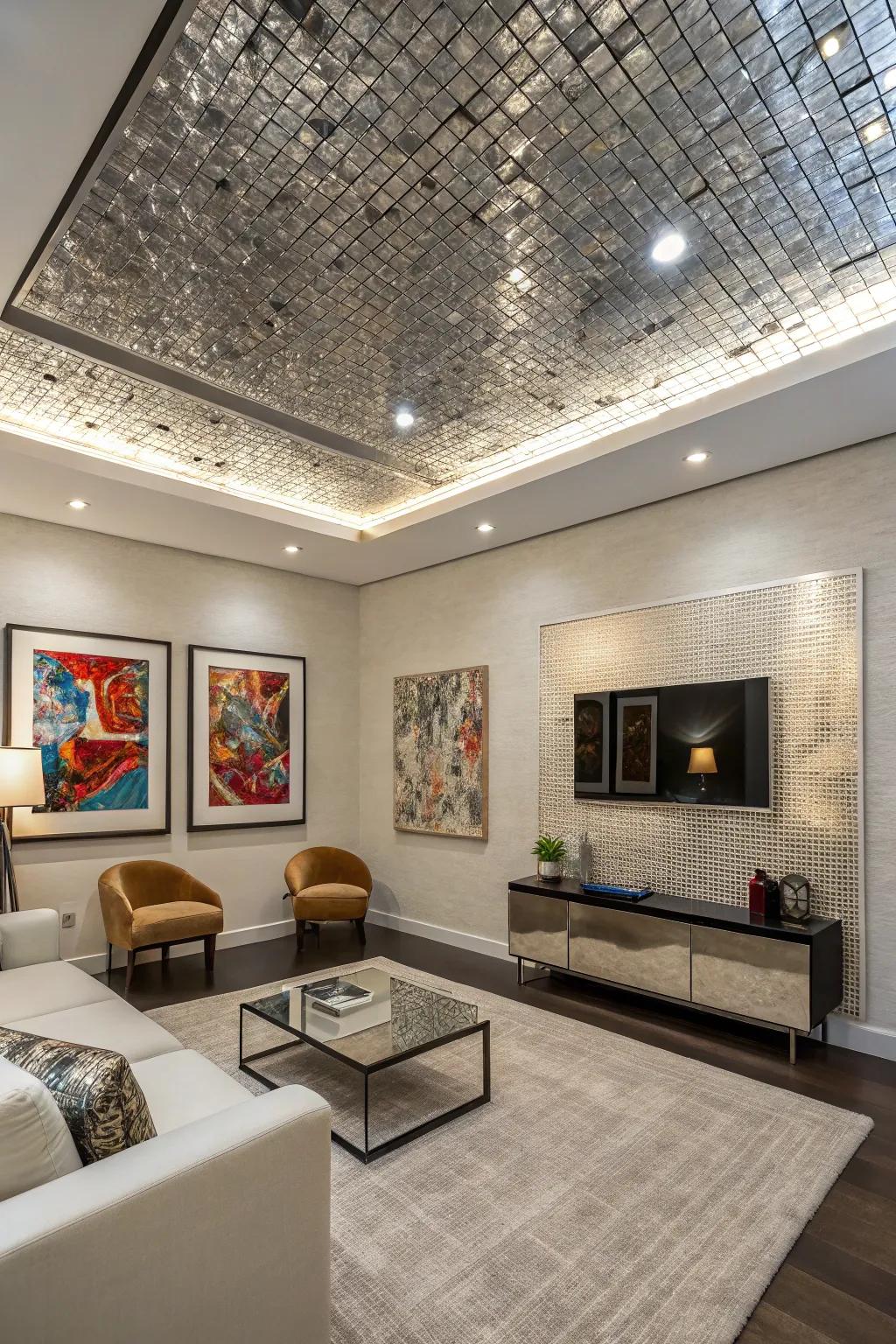 A modern room is detailed with reflective pebblework ceiling shingles.