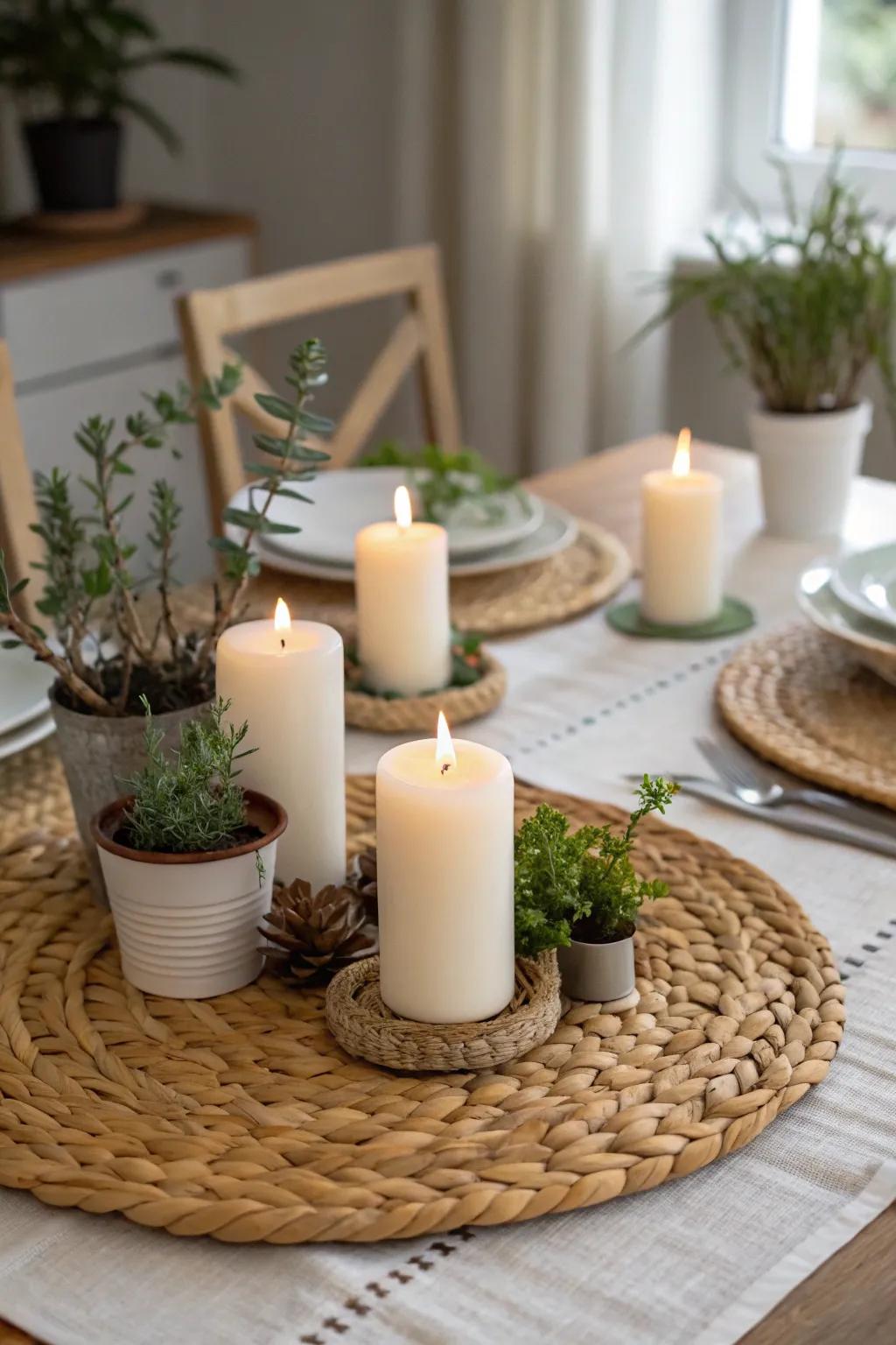 Textured charm with a woven mat centerpiece foundation.