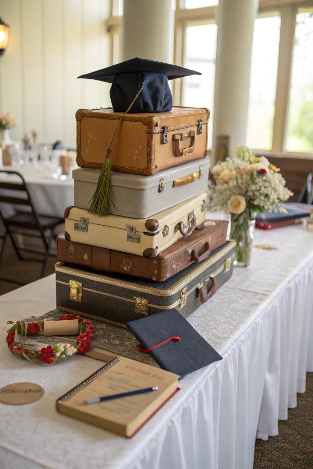 Classic travel cases symbolize the graduate's path ahead.
