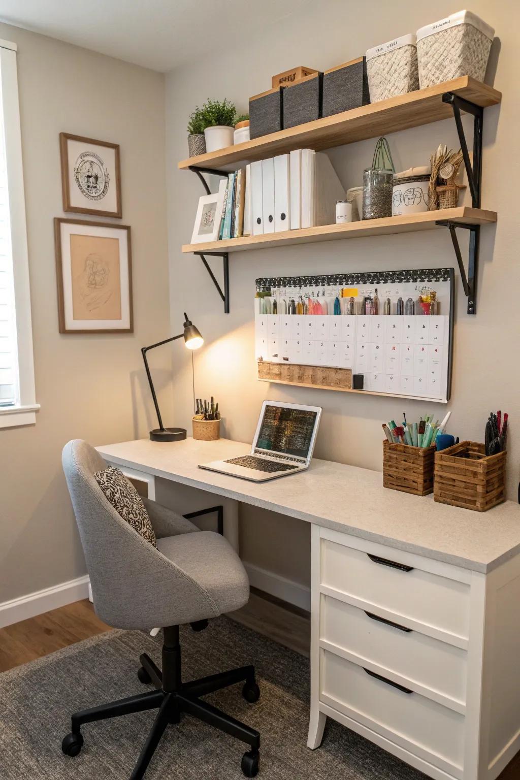 Elevate your office space with an organized shelf solution.