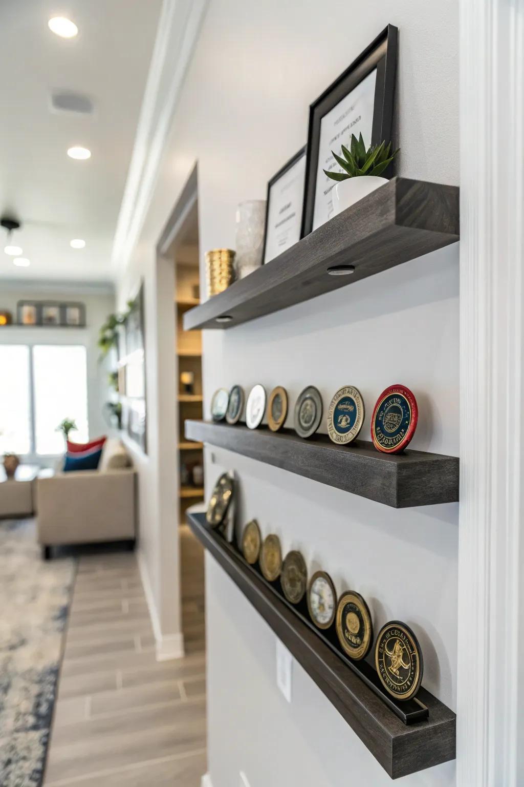 Hanging shelves deliver a chic and contemporary exhibit choice.