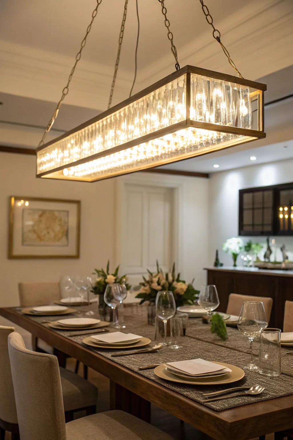 A linear chandelier complements the shape of a rectangular dining table.