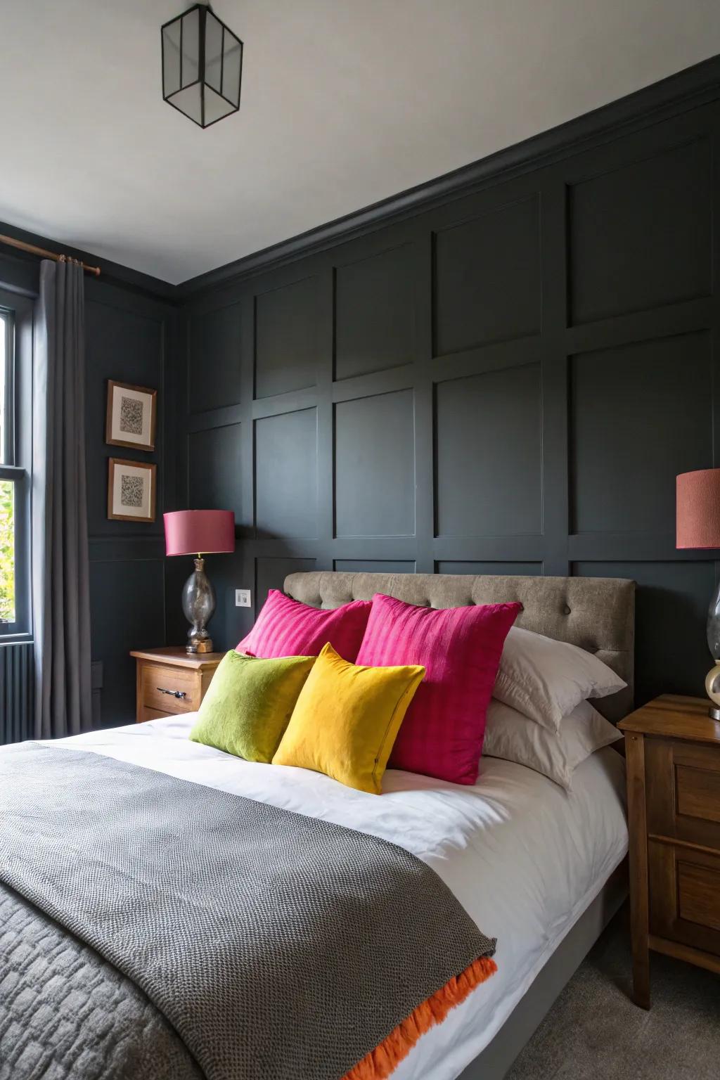 Bright accents energize a deep gray-themed bedroom.