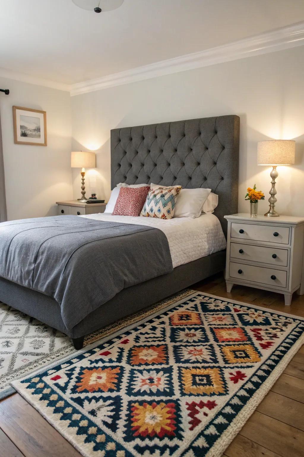 Geometric patterns inject modern flair to a grey-themed boudoir.