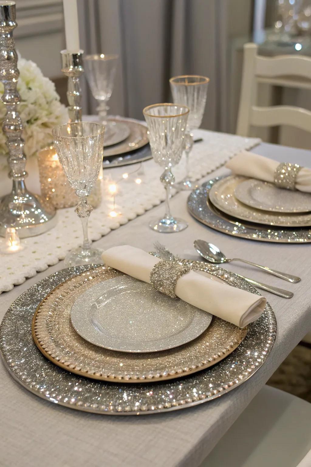 Sparkle charger plates create a festive and dazzling table arrangement.