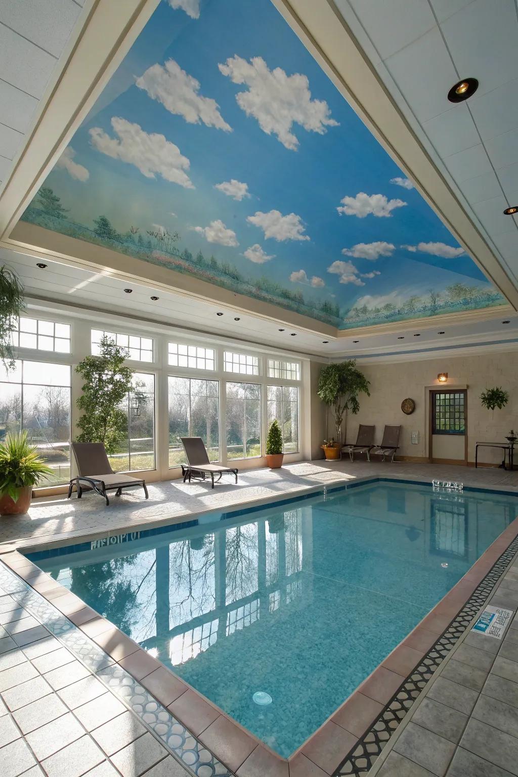 A ceiling art imparts a fanciful accent to your pool space.