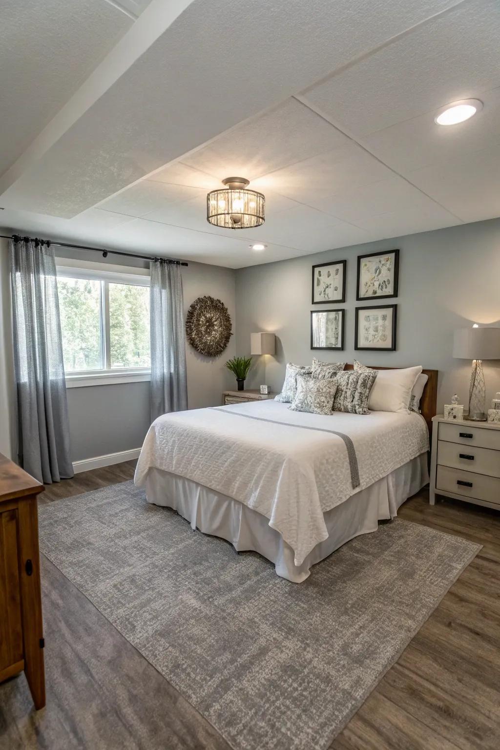 Adhesive vinyl tiles are a quick and stylish way to update basement guest rooms.