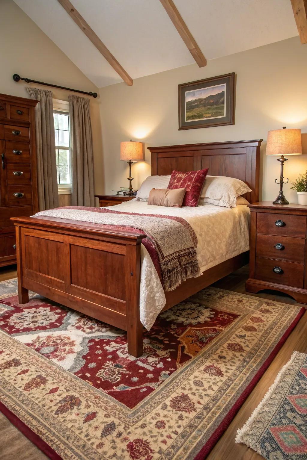 Layered rugs imparting dimension and coziness to a walnut wood bedroom.