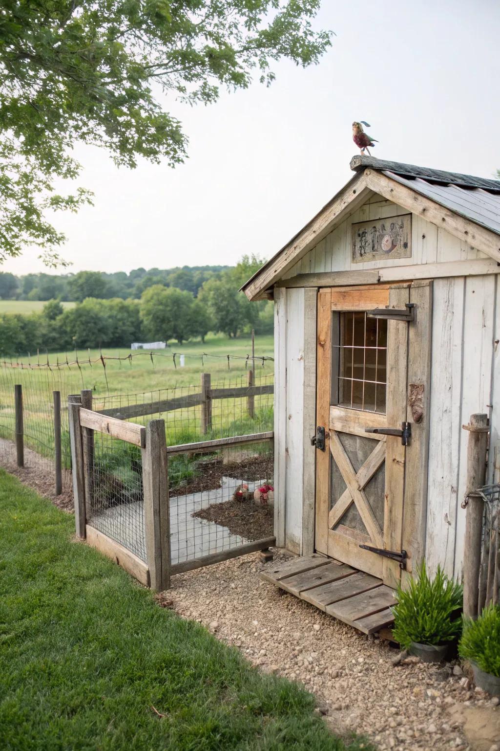 Upcycled materials inject distinct character into your chicken coop.