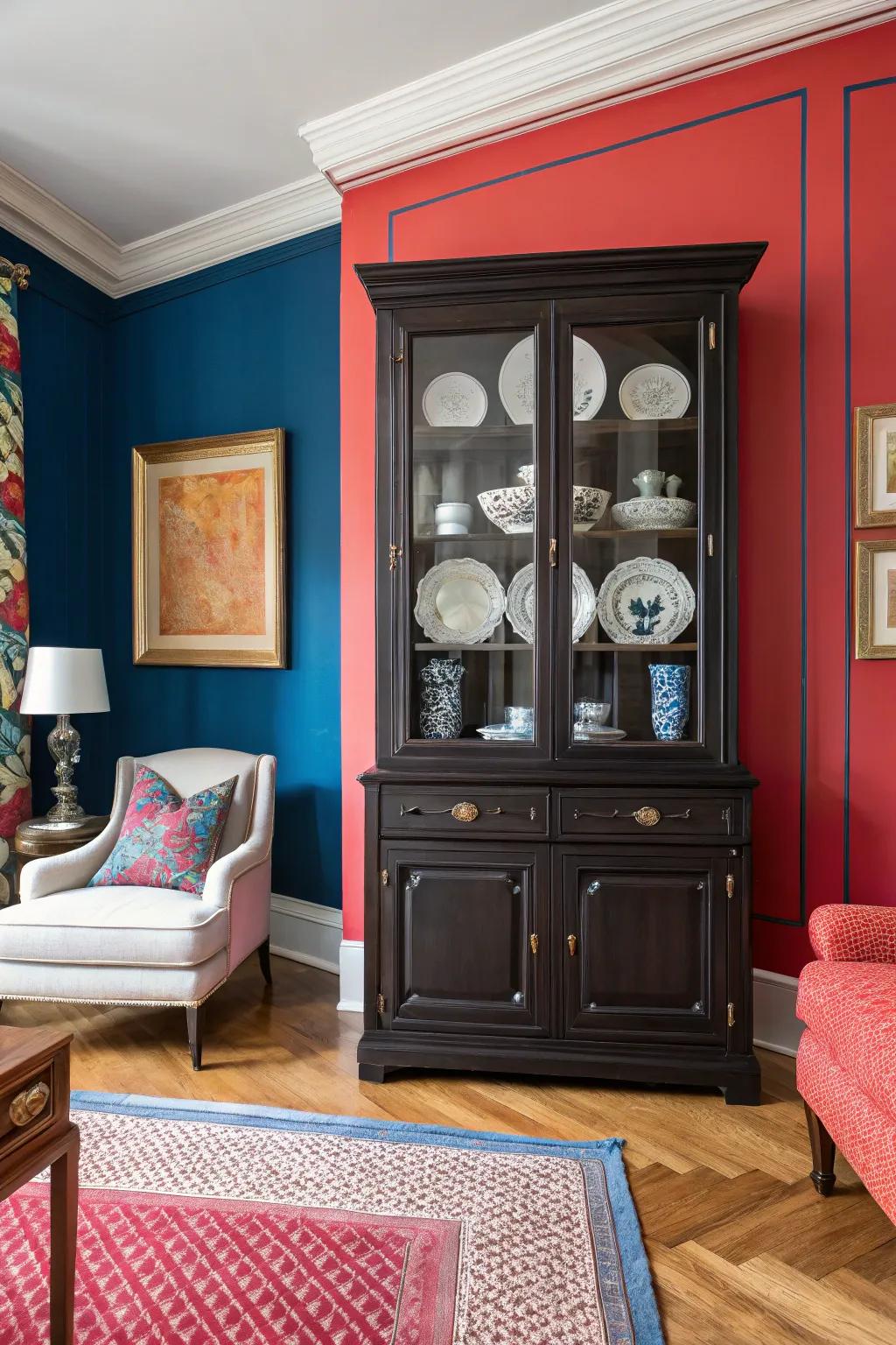 Bold colors make the china cabinet a statement piece.