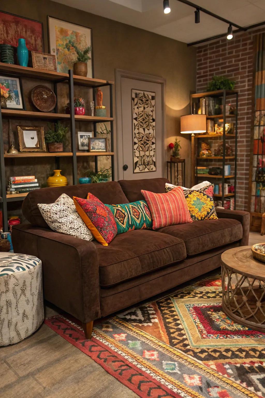 Free-spirited maximalism infuses character and vibrancy into a cocoa sofa setting.